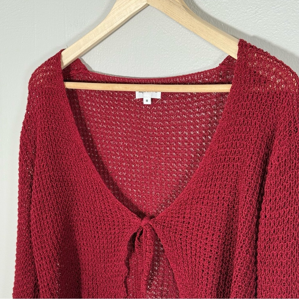 superdown Wine Red Tie Front Crochet Open Knit Crop Cardigan Sweater M EUC